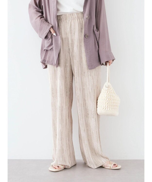 Green Parks セルフカットプリーツワイドパンツ Stripe Beige