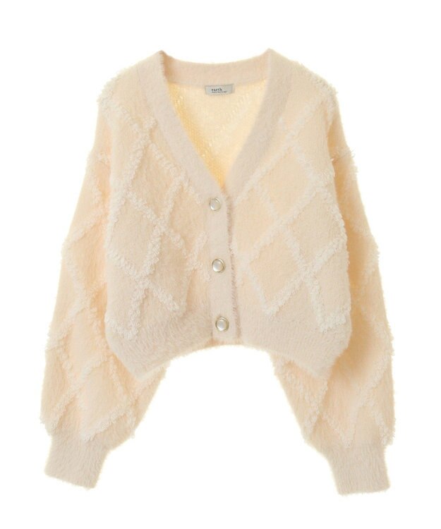 earth music&ecology シャギーダイヤ柄ショートニットカーディガン Light Beige