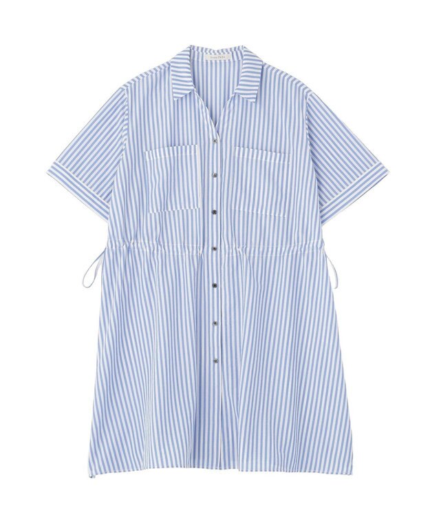 Green Parks ウエストリボンミディ丈ワンピース Stripe Blue