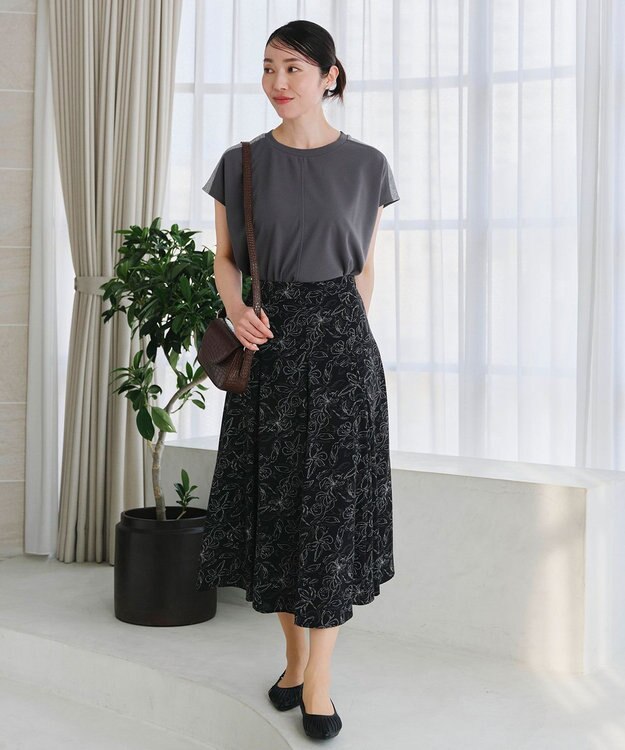 Tiaclasse 【洗える】フラワープリントスカート ブラック