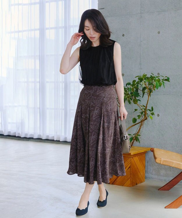 Tiaclasse 【洗える】フラワープリントスカート ブラウン