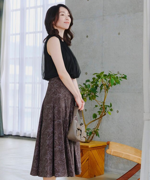 Tiaclasse 【洗える】フラワープリントスカート ブラウン