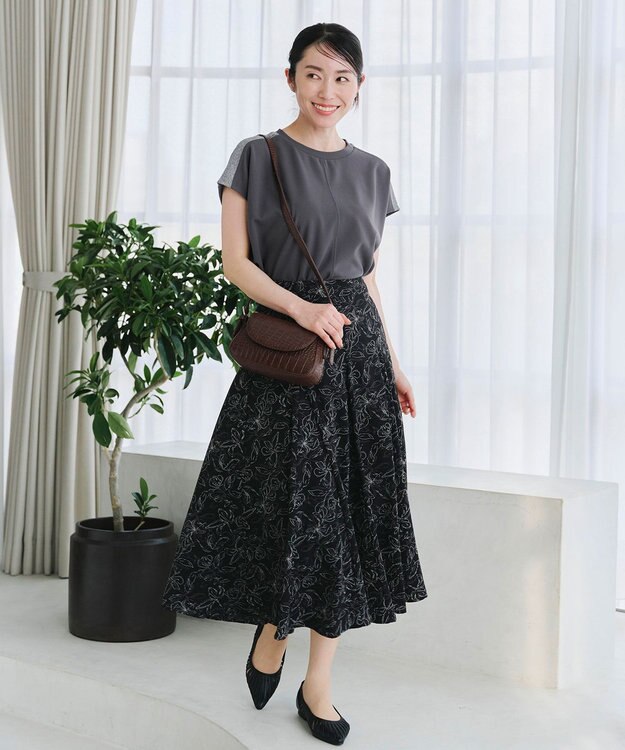 Tiaclasse 【洗える】フラワープリントスカート ブラック