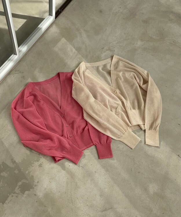 Feroux 【洗える】Vネックシアー カーデ ベージュ系