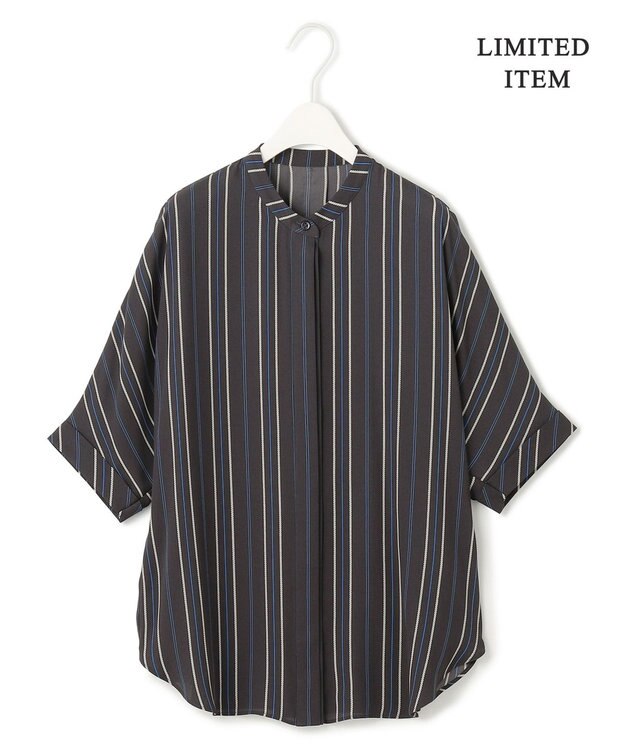 ICB L 【人気のため新色追加・接触冷感・UVケア・速乾・洗える】BackSatinAmunzen 5分袖バンドカラーブラウス チャコールストライプ柄系［WEB限定］