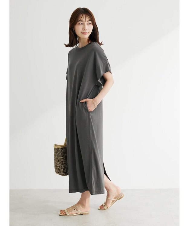 Green Parks 接触冷感　袖切替えカットワンピース Gray