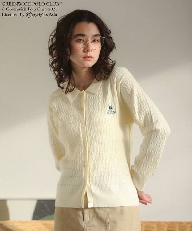Green Parks GREENWICH POLO CLUB(TM)ケーブル襟付ニットカーディガン Ecru