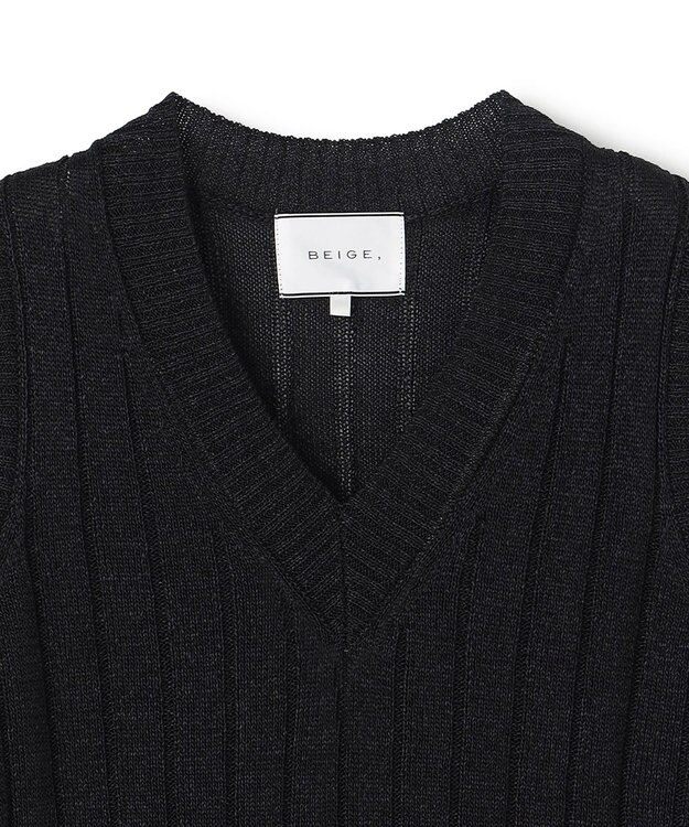 BEIGE， OPTICAL /  ペーパーヤーン Vネックリブニット Black