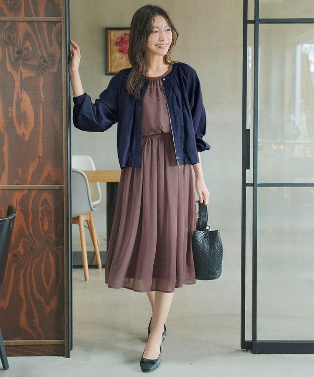 Tiaclasse L 麻調襟ギャザーシアーブルゾン ネイビー