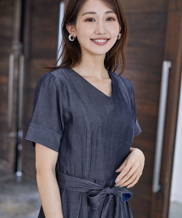 Tiaclasse L デニムフレアワンピース ネイビー