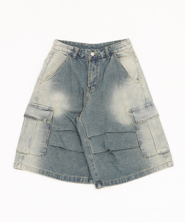 WEGO フラップポケットニータックカーゴハーフパンツ デニム中濃色