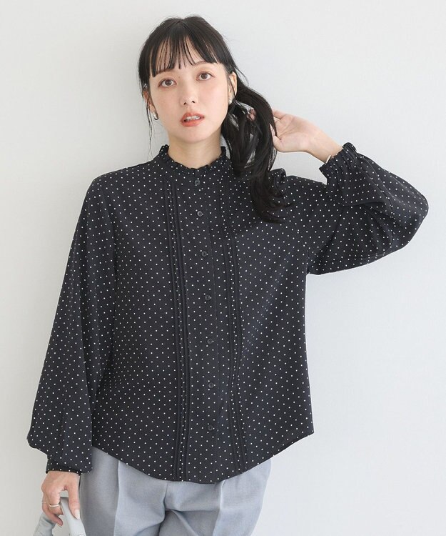 earth music&ecology フリルピンタックブラウス Dot Black