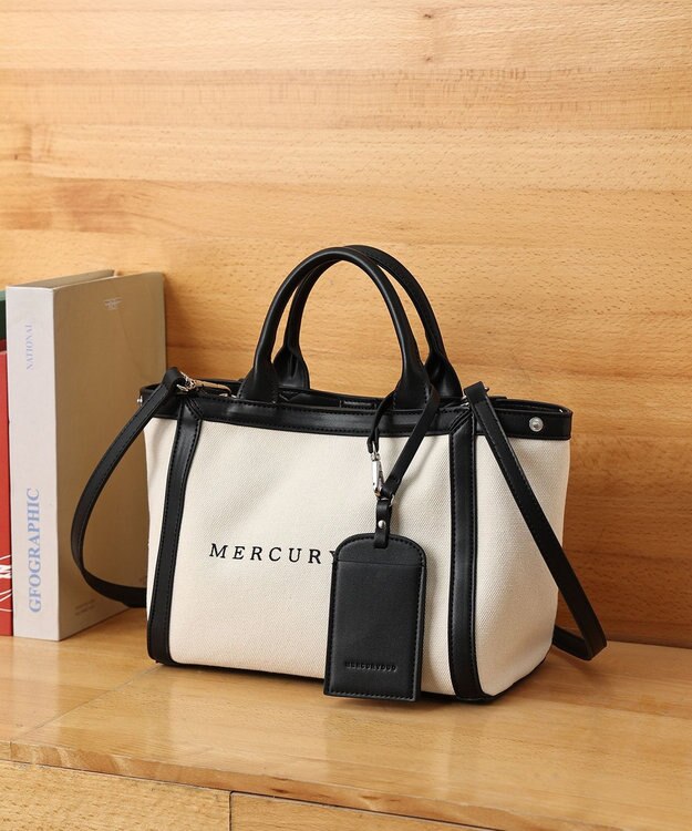 style code 【MERCURYDUO/マーキュリーデュオ】カードケース付 軽量キャンバスロゴ 2WAYトートバッグ アイボリーブラック