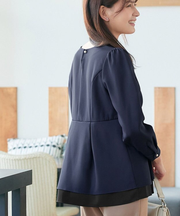 Tiaclasse L 【洗える】レイヤードヘムペプラムブラウス ネイビー