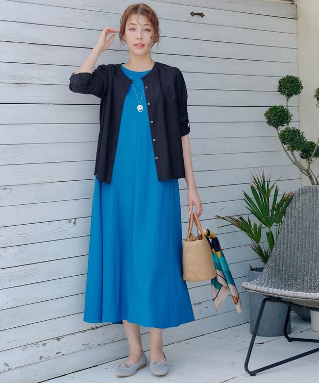 Tiaclasse L 【洗える】ノーカラーシアーシャツ ネイビー