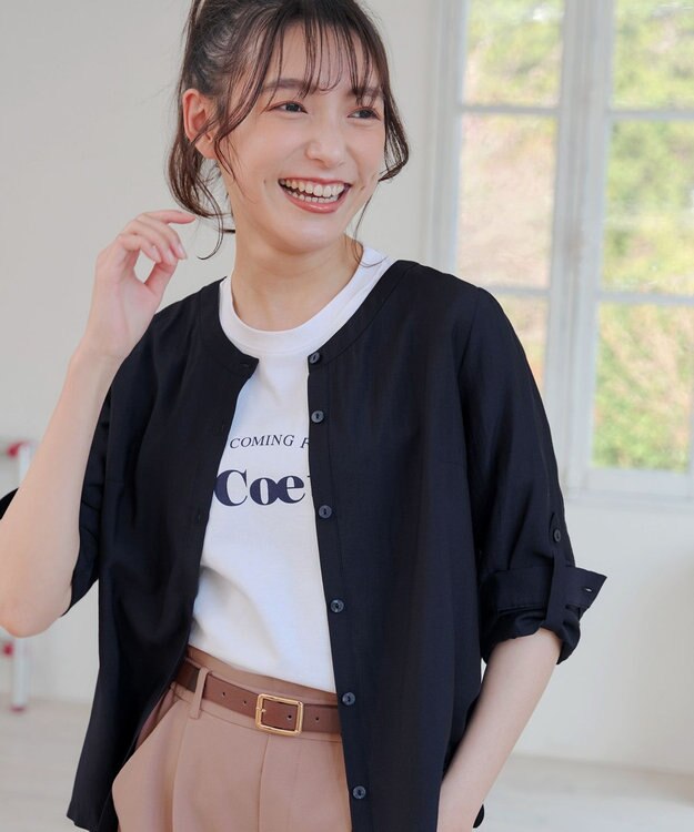 Tiaclasse L 【洗える】ノーカラーシアーシャツ ネイビー