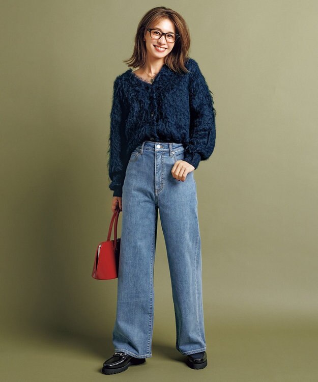 UNFILO アルパカシャギー Vネックカーディガン ネイビー