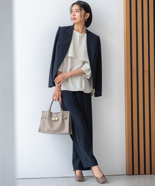 23区 【セットアップ対応/洗える】トリアセダブルジョーゼット ノーカラー ジャケット ネイビー系