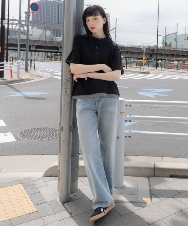 WEGO 【ユニセックス着用ITEM/MLサイズ展開】フェイクレイヤードヘンリーネックT（SS） ブラック