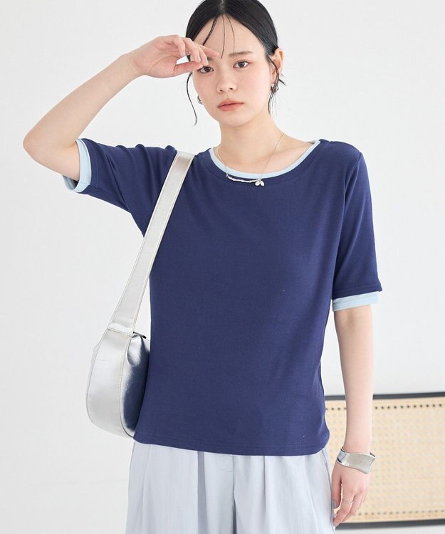 earth music&ecology レイヤードライクバイカラープルオーバー Navy