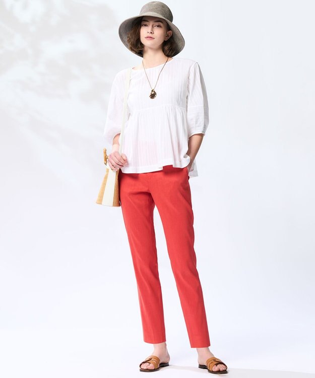 23区 L 【洗える】リネンレーヨンストレッチ テーパードパンツ オレンジ系