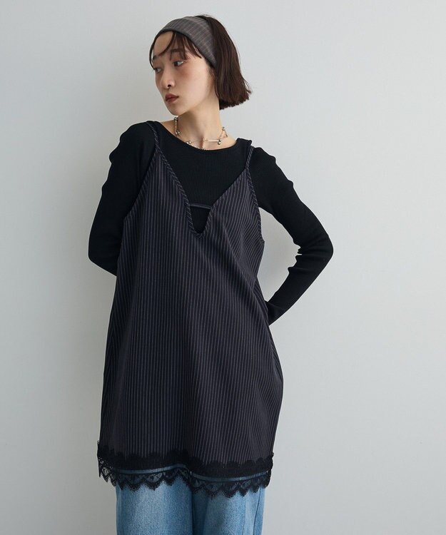 Green Parks ２ＷＡＹレース×ピンストライプキャミソールワンピース Dark Navy