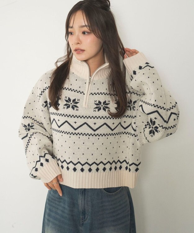 WEGO ノルディック柄ハーフジップニット ホワイトアイボリー