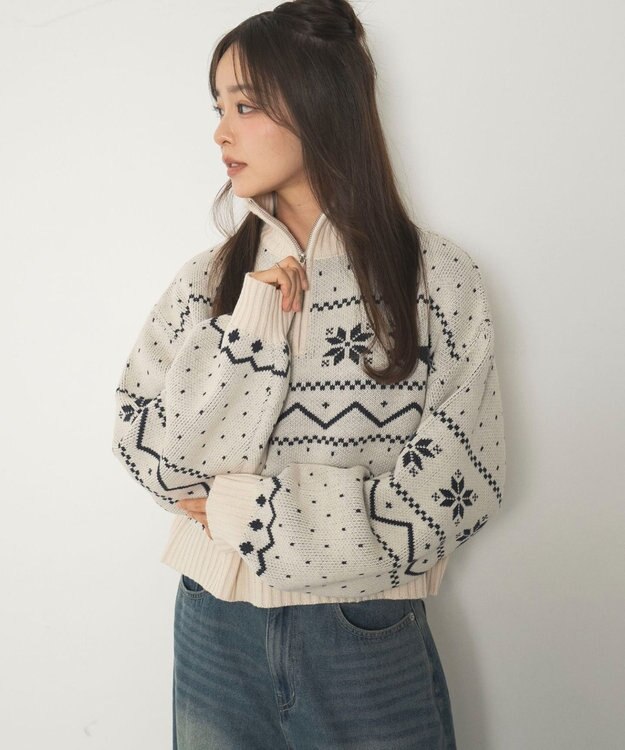 WEGO ノルディック柄ハーフジップニット ホワイトアイボリー