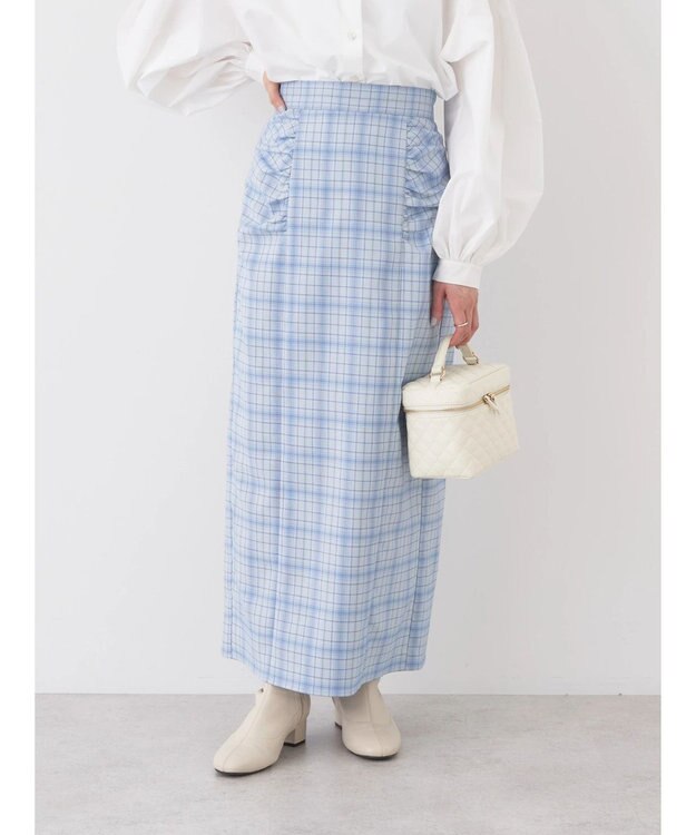 earth music&ecology ギャザーナロースカート Check Blue