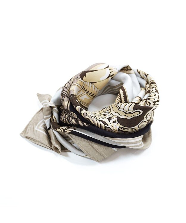 Marca ＜春の新作！＞【伝統横濱スカーフ】ビッグタッセル&鞍（FET-056） 小判 シルクツイル スカーフ ベージュxブラック