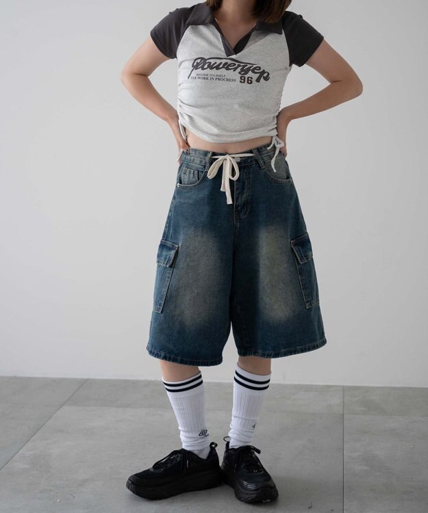 WEGO ドロストカーゴハーフパンツ デニム中濃色