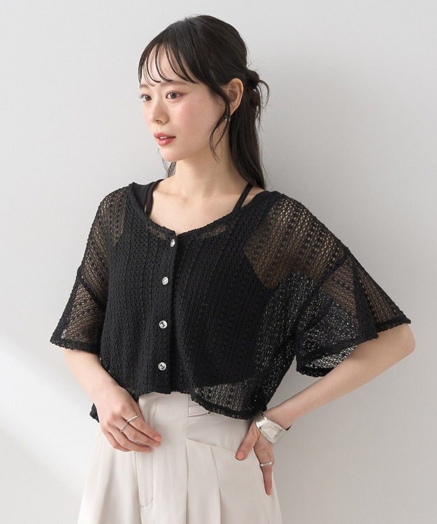 earth music&ecology ＳＥＴ２点レースカーディガン＋レイヤードインナー Black