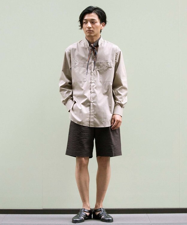 KASHIYAMA GIZA 100/2 バンドカラーシャツ スモークカーキ