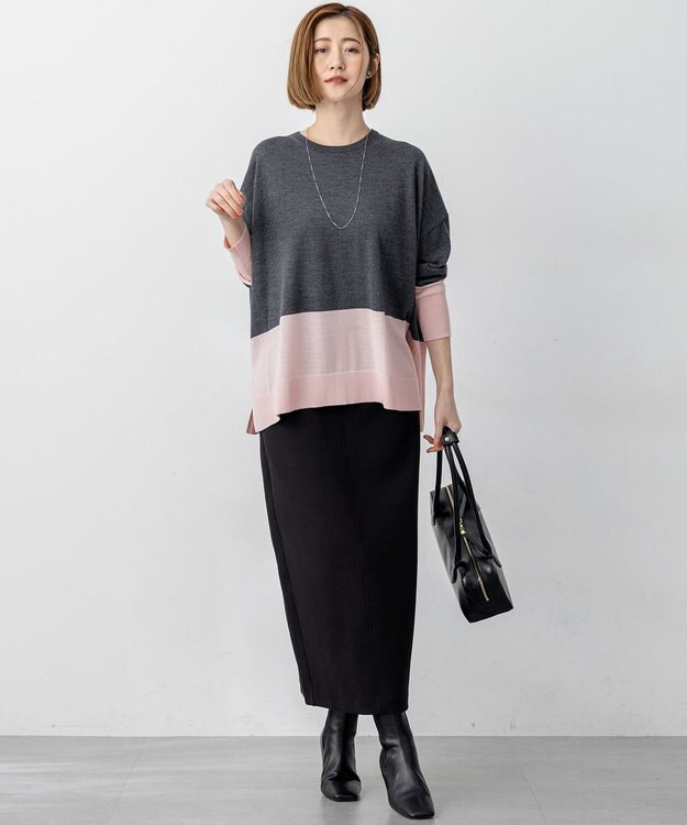 23区 S 【洗える】ウーステッドウール カラーブロック ニット チャコール×ピンク
