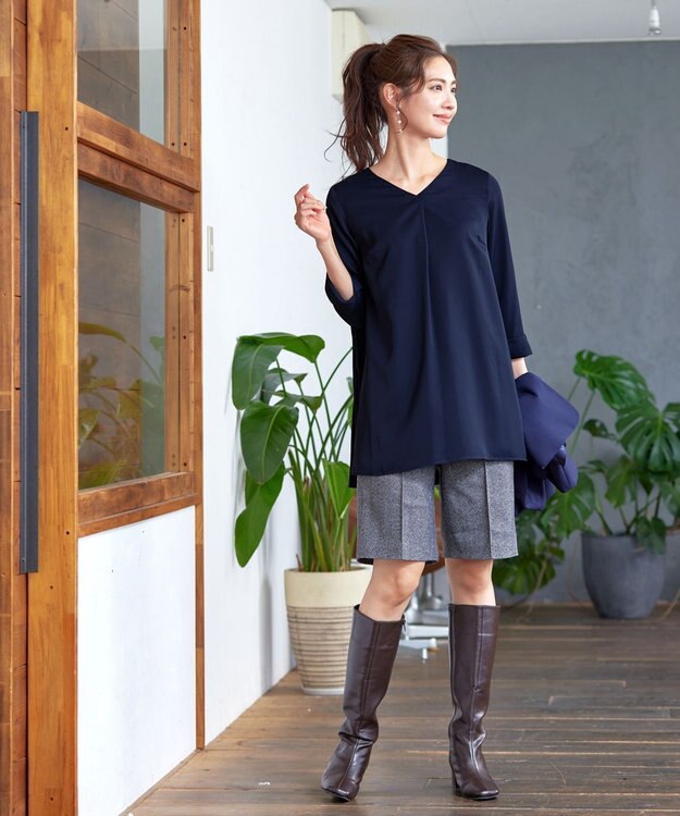 Tiaclasse 【洗える・スマート裏起毛】バックプリーツチュニックブラウス ネイビー