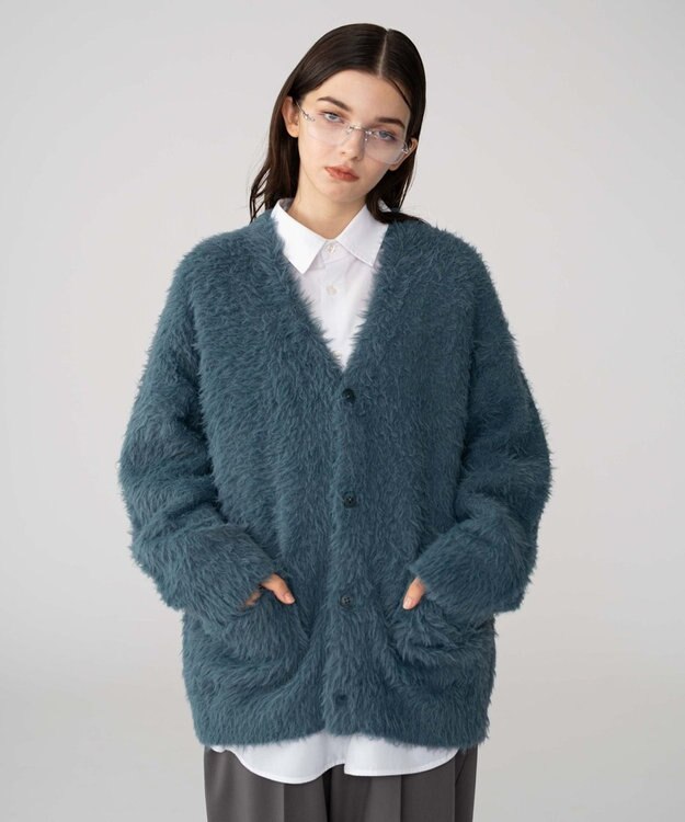 WEGO 【2025秋冬新作/ユニセックス着用ITEM/SMLサイズ展開】フェザーニットカーディガン ブルー