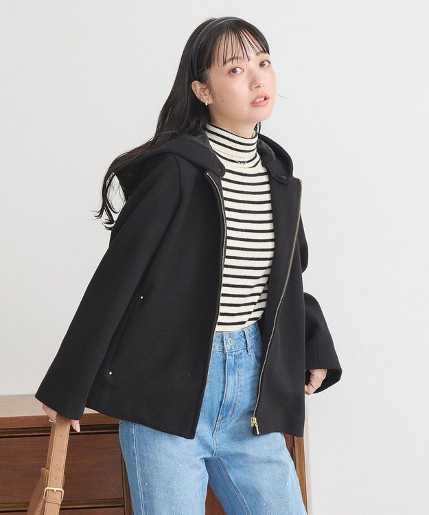 earth music&ecology ２Ｗａｙフードショートコート Black