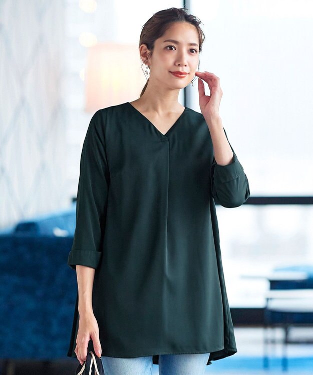 Tiaclasse 【洗える・スマート裏起毛】バックプリーツチュニックブラウス グリーン