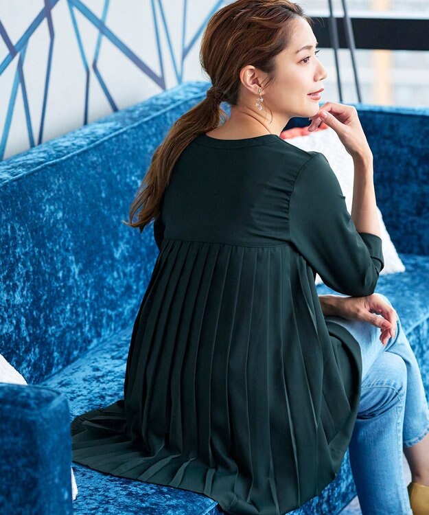 Tiaclasse 【洗える・スマート裏起毛】バックプリーツチュニックブラウス グリーン