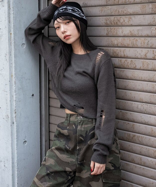 WEGO モヘアタッチダメージショートニット ブラック中濃色