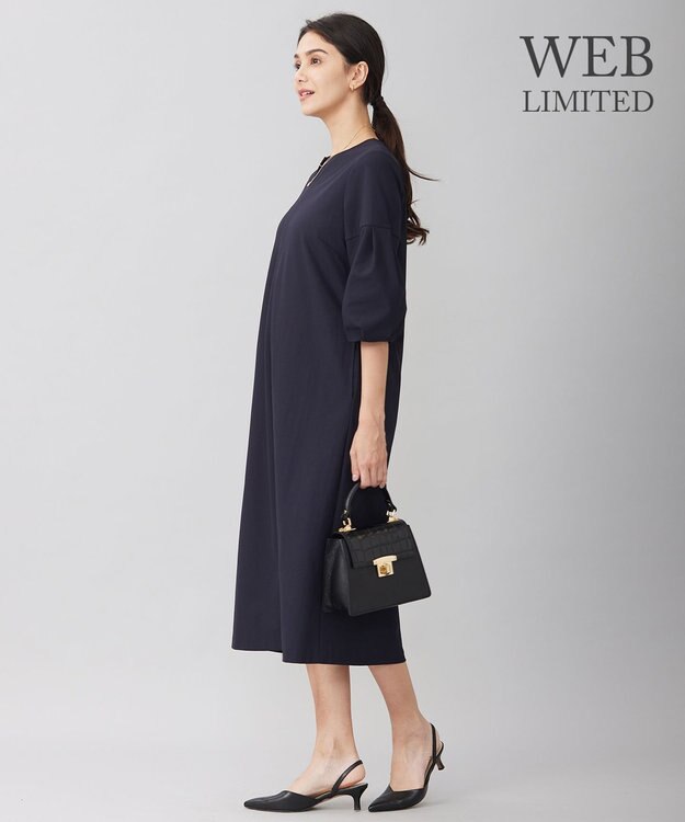 自由区 S 【WEB限定・洗える】カラミストレッチパフスリーブ ワンピース ネイビー系