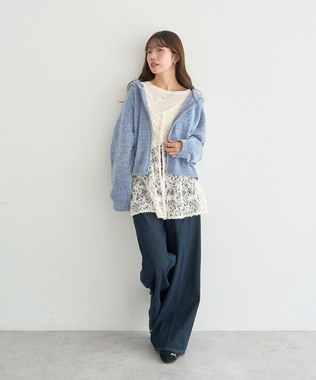 earth music&ecology ベロアフーディージップニットカーディガン Blue