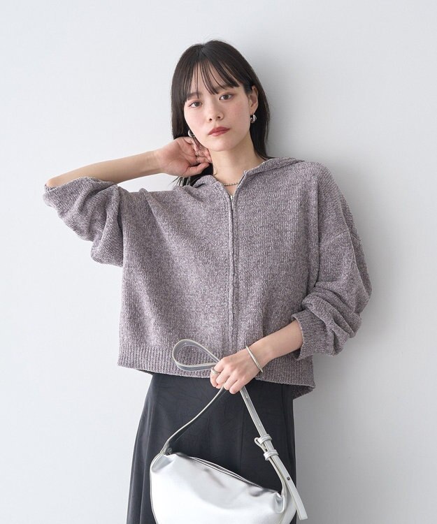 earth music&ecology ベロアフーディージップニットカーディガン Gray