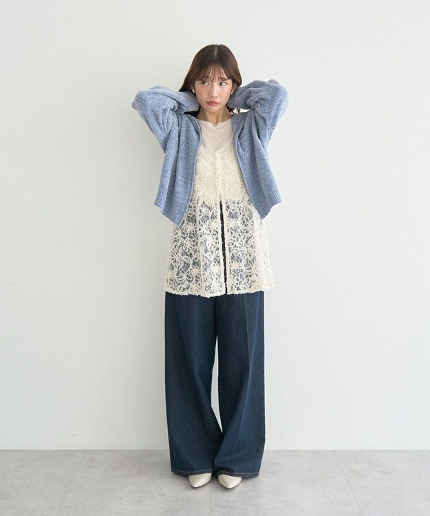 earth music&ecology ベロアフーディージップニットカーディガン Blue