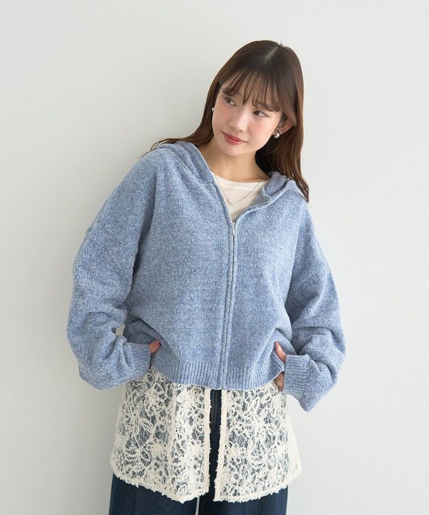 earth music&ecology ベロアフーディージップニットカーディガン Blue