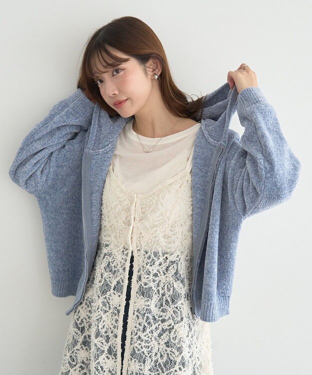 earth music&ecology ベロアフーディージップニットカーディガン Blue