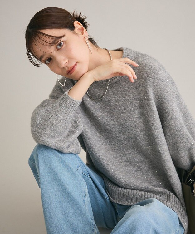 Green Parks スパンコールニットプルオーバー Gray Mixture