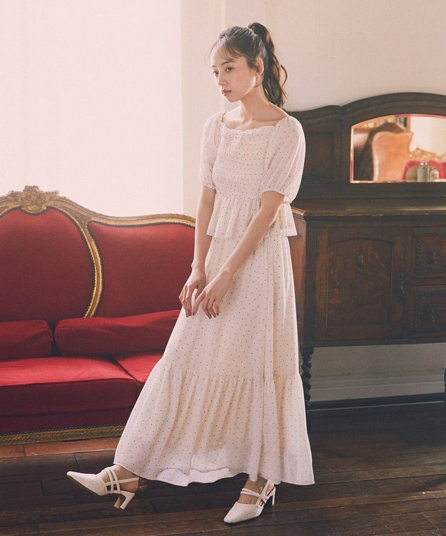 earth music&ecology ＳＥＴ２点フロッキードットブラウス＋スカート Ivory