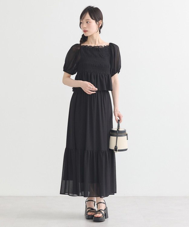 earth music&ecology ＳＥＴ２点フロッキードットブラウス＋スカート Black