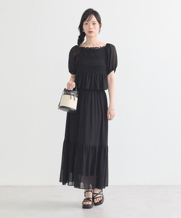 earth music&ecology ＳＥＴ２点フロッキードットブラウス＋スカート Black
